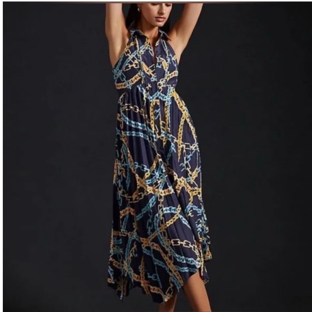 Maeve by Anthropologie Navy Chain Print Pleated Halter Midi Dress Large